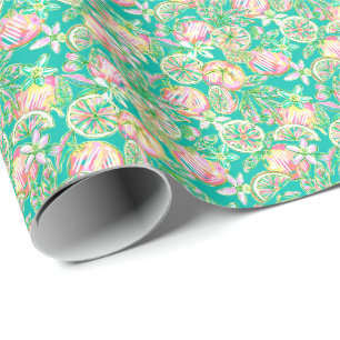 Papel De Presente Preppy Palm Beach Impressão Teal e Laranjas rosa
