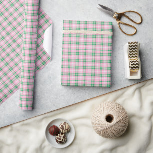 Papel De Presente Preppy Pink e Xadrez Verde
