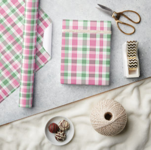 Papel De Presente Preppy Pink e Xadrez Verde