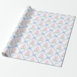 Papel De Presente Preppy Pink Hydrangea with Blue Bow Trellis