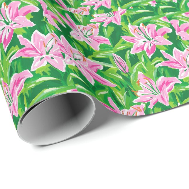 Papel De Presente Preppy Pink Lily Floral Chic Botanical Gift  (Ponta do rolo)