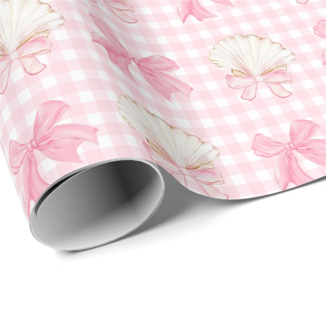 Papel De Presente Preppy Watercolor Seashells em Gingham Rosa (Ponta do rolo)
