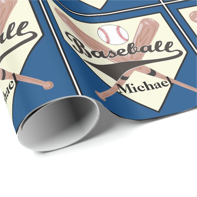 Papel De Presente Presente Azul Personalizado De Bat E Bola De Baseb (Ponta do rolo)