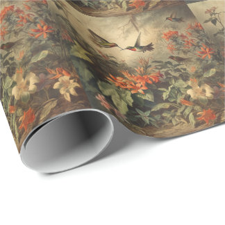 Papel De Presente Presente Botânico Floral e Beija-flor Vintage