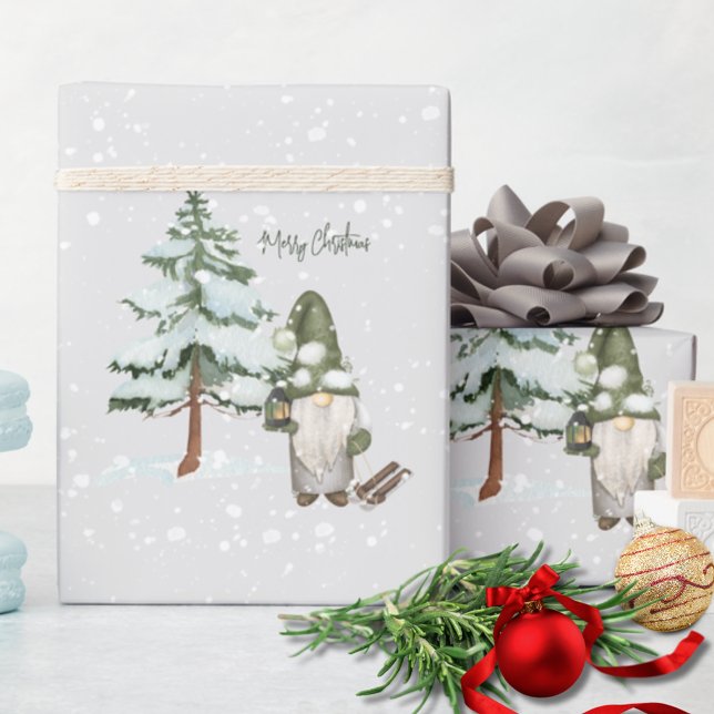 Papel De Presente Presente Cena de Inverno com Gnome e Lanterna (Criador carregado)