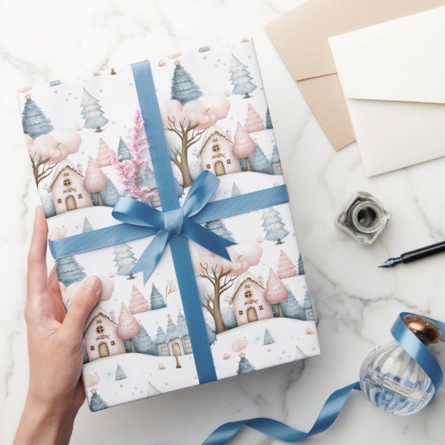 Papel De Presente Presente da vila de Natal azul e rosa-branca (Presentear)