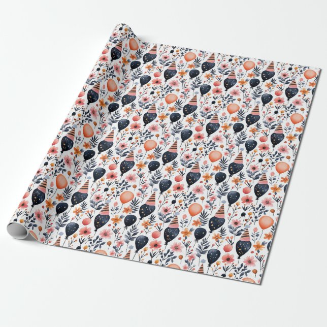 Papel De Presente Presente de aniversário | Balão Whimsical e Flor (Desenrolado)