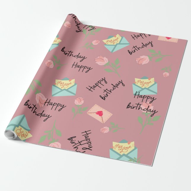 Papel De Presente Presente de aniversário feliz rosa moderno (Desenrolado)