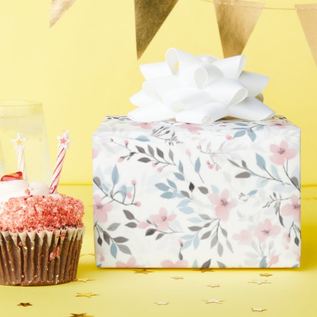 Papel De Presente Presente de aniversário | Flores rosa, azuis e Cin (Festa de aniversário)