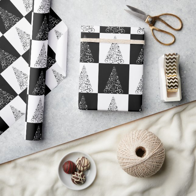 Papel De Presente Presente de Árvore de Natal Preta e Branca Festiva (Artesanato)