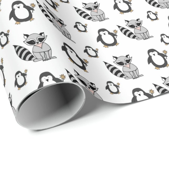 Papel De Presente Presente de Bebê Amigos Pinguim Guaxinim Fofos (Ponta do rolo)