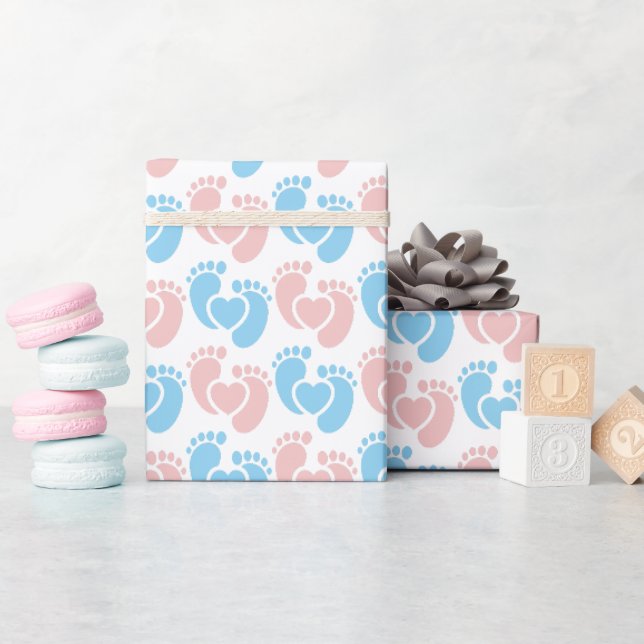 Papel De Presente Presente de Doula de Pegadas de Pé Rosa Azul Prese (Chá de bebê)