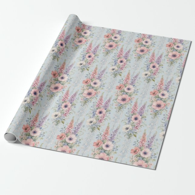 Papel De Presente Presente de Listra Floral Jardim de Anêmona Azul (Desenrolado)