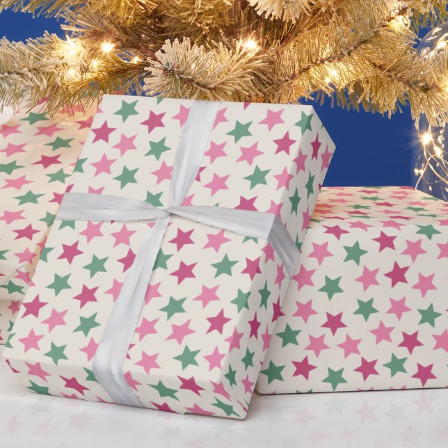 Papel De Presente Presente de Natal com Estrela Rosa e Verde (Criador carregado)