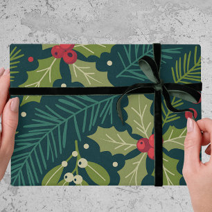 Papel De Presente Presente de Natal de Folhagens e Frutas de Azevinh