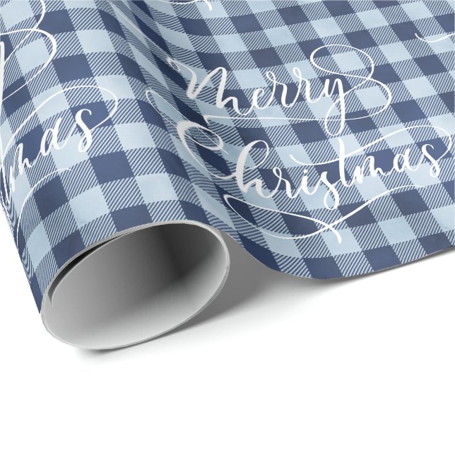 Papel De Presente Presente de Natal Moderno em Xadrez Azul e Branco (Ponta do rolo)