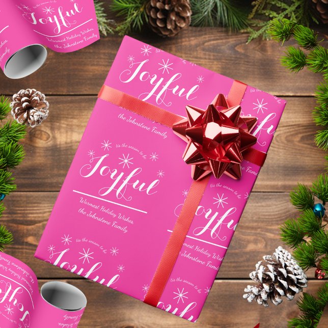 Papel De Presente Presente de Natal Rosa Quente com Script de Feriad (Wrap things up with this Joyful, rustic & elegant pink gift wrapping paper.)