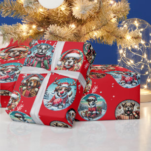 Papel De Presente Presente de Papais noeis de neve e cães ilustrados