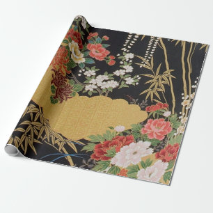 Papel De Presente Presente Dourado Negro de Decoupage Floral Kimono 