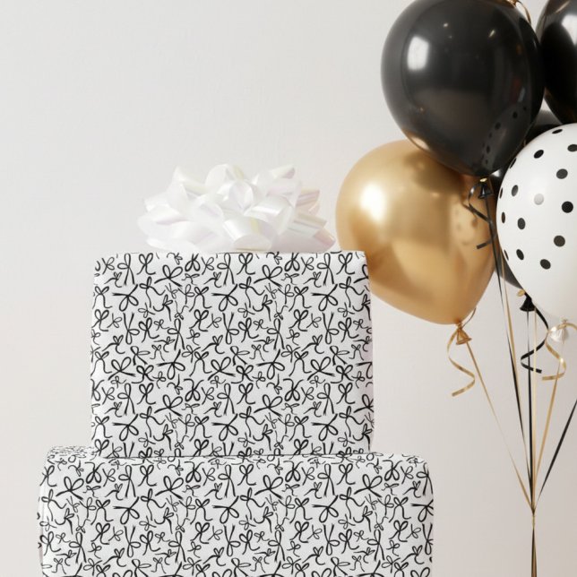 Papel De Presente Presente Feminino com Padrão de Laços Preto Branco (Whimsical Cute Black White Bows Pattern Girly Gift Wrapping Paper
)