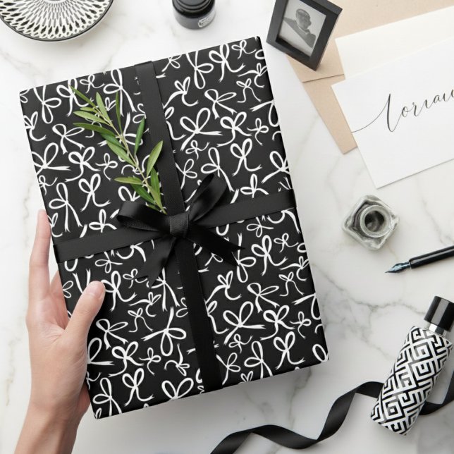Papel De Presente Presente Feminino com Padrão de Laços Preto Branco (Whimsical Cute Black White Bows Pattern Girly Gift Wrapping Paper
)