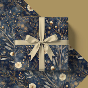 Papel De Presente Presente Floral de Natal Luxuoso Azul Marinho e Cr