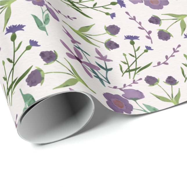 Papel De Presente Presente Floral em Aquarela Roxo Verde para ela (Ponta do rolo)