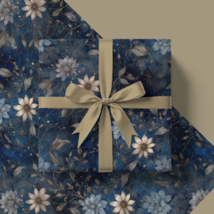 Papel De Presente Presente Floral Natal Meia-Noite Azul e Creme