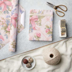 Papel De Presente Presente Floral Vintage com Laço Rosa