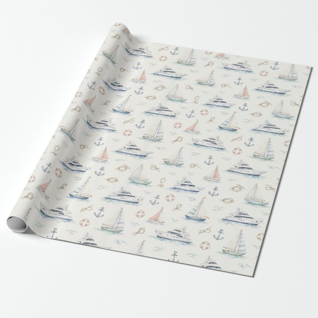 Papel De Presente Presente Náutico Aquarela Âncora de Barco Clássico (Desenrolado)
