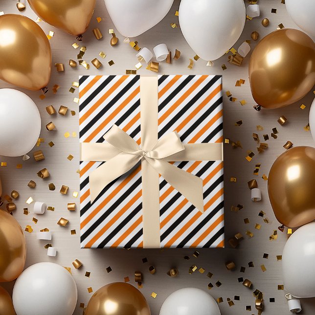 Papel De Presente Presente Padrão de Stripes Brancas Laranja Pretas  (Halloween Black Orange White Stripes Pattern Gift Wrapping Paper)