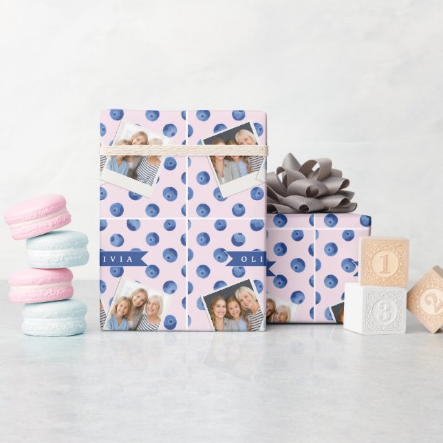 Papel De Presente Presente Personalizado Aquarela Mirtilo Azul Fofo  (Chá de bebê)