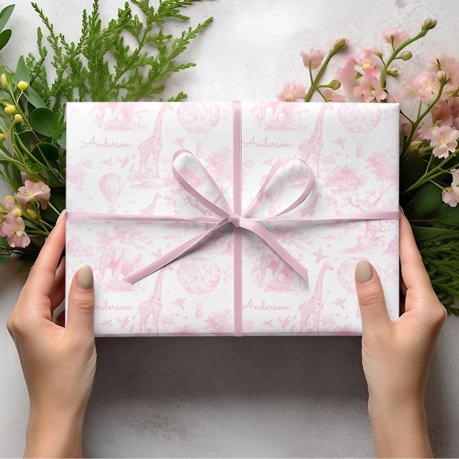 Papel De Presente Presente Personalizado de Chuveiro de Bebê Safari  (Pink Toile Safari Personalized Gift Wrapping Paper Pink Girl Baby Shower Giftwrap Custom Name Giftwr)