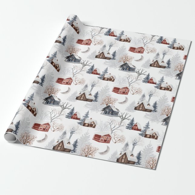 Papel De Presente Presente Rustic Snow Christmas Winter Forest Cabin (Desenrolado)