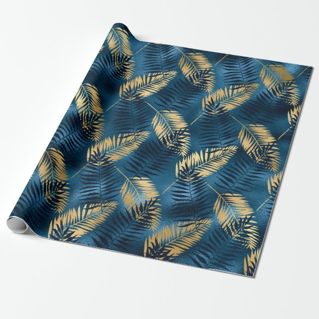 Papel De Presente Presente Tropical Elegante Metálico Azul (Desenrolado)