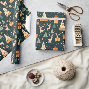 Papel De Presente Presentes Árvores de Natal Veados Padrão Escuro Pr