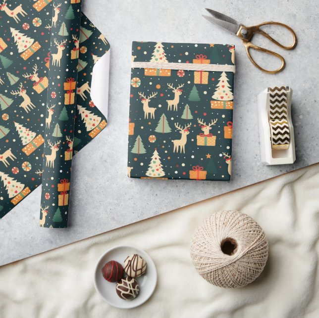 Papel De Presente Presentes Árvores de Natal Veados Padrão Escuro Pr (Artesanato)