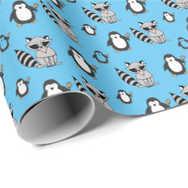 Papel De Presente Presentes Azuis de Bebê Amigos de Pinguim Guaxinim