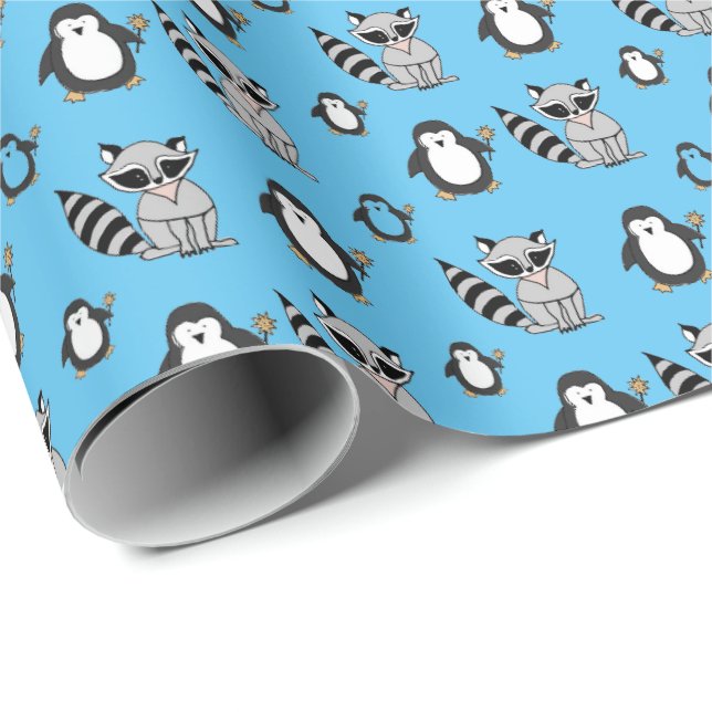 Papel De Presente Presentes Azuis de Bebê Amigos de Pinguim Guaxinim (Ponta do rolo)