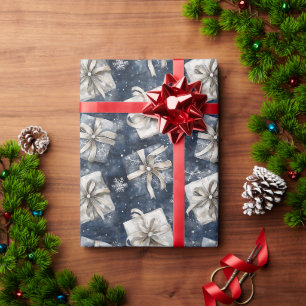Papel De Presente Presentes Azuis Laços Flocos de Neve Prata Natal