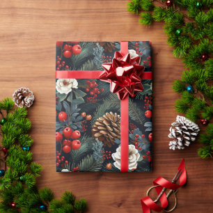 Papel De Presente Presentes com padrão de Natal floral de pinhas e f