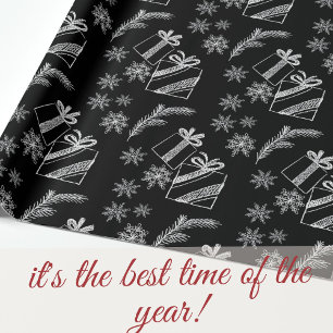 Papel De Presente Presentes de Natal e Neve em Giz Negro e Branco