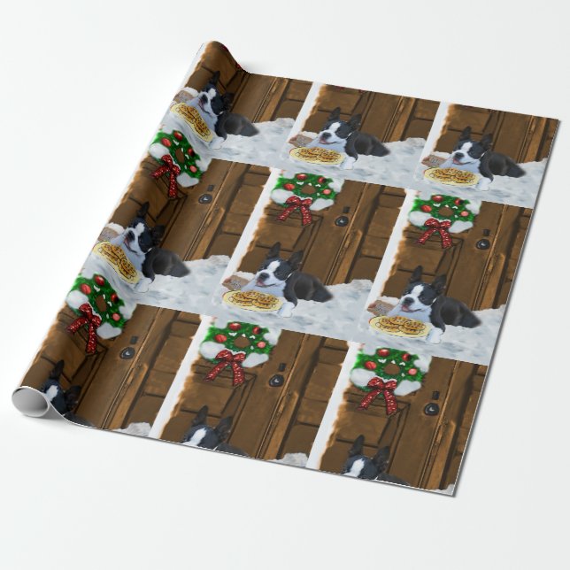 Papel De Presente Presentes de Natal em Boston Terrier (Desenrolado)
