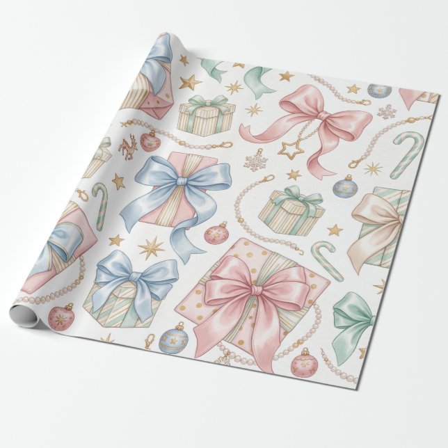 Papel De Presente Presentes de Natal Pastel Laços de Seda e Pérolas (Desenrolado)