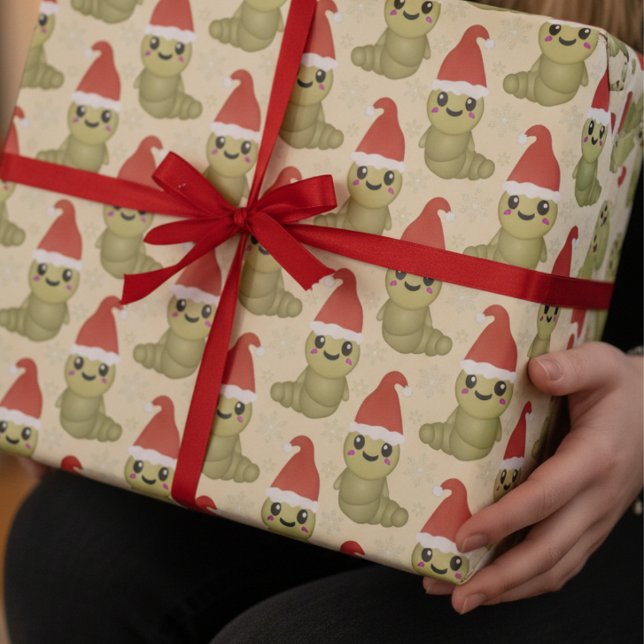 Papel De Presente Presentes Desenhados à Mão de Minhocas de Natal Fo (I have drawn this little worm character to bring a touch of cuteness to your Christmas gifting.)