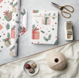 Papel De Presente Presentes Vermelhos e Verdes com Raminhos de Pinhe