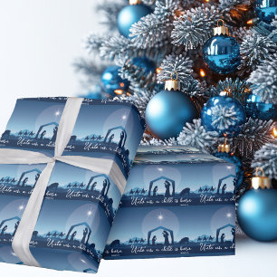 Papel De Presente Presépio de Natal Religioso Azul