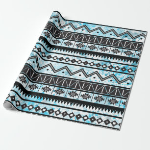 Papel De Presente Preto Aztec Tribal Patterno e Blue Watercolor