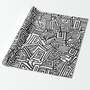 Papel De Presente Preto Branco Geométrico Abstrato Labirinto Linha