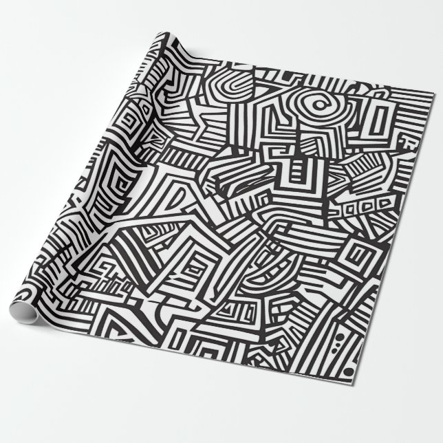 Papel De Presente Preto Branco Geométrico Abstrato Labirinto Linha (Desenrolado)